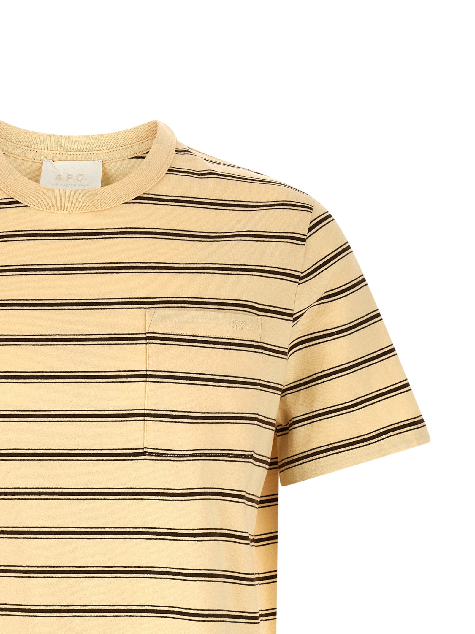 T-Shirt by A.P.C. for men in organic cotton beige & striped showcases a dramatic silhouette, elegantly detailed with a dramatic and for a truly dramatic finish.
