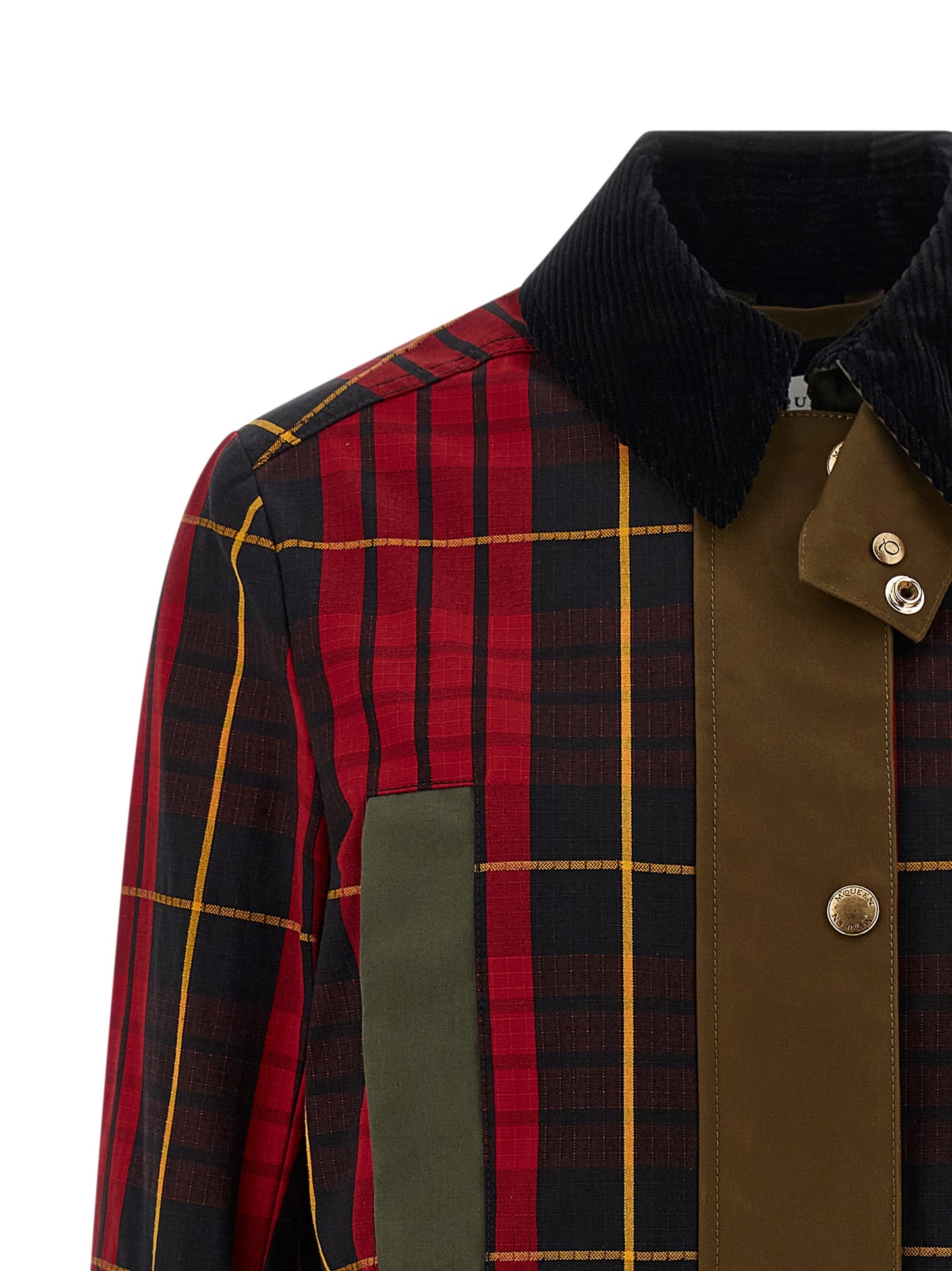 Overcoat by Alexander McQueen for women in viscose cotton corduroy multicolor, tartan & patchwork showcases a architectural silhouette, artfully detailed with a distinctive shirt-collar neckline and functional pockets for a architectural finish.