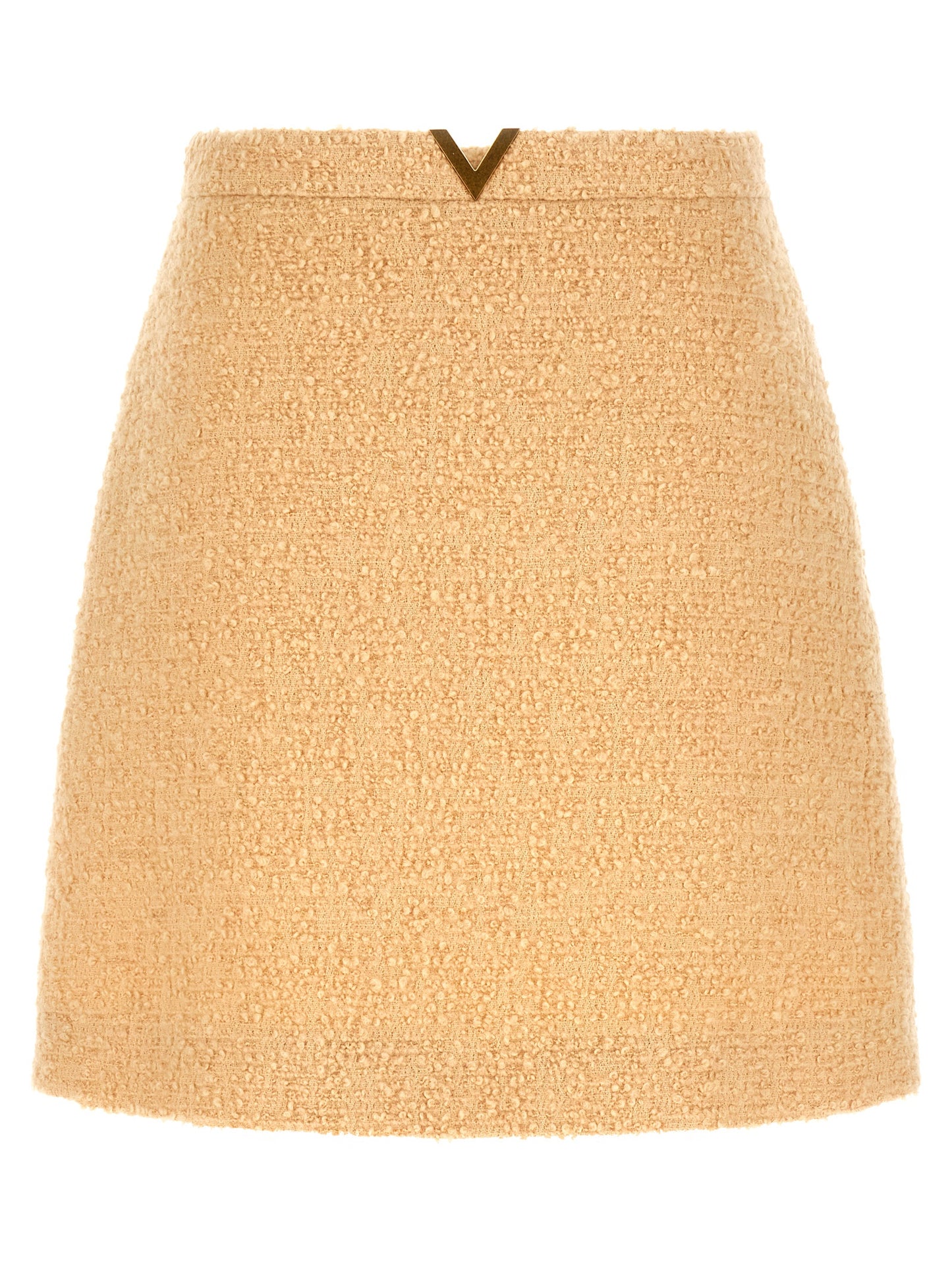 Skirt by Valentino Garavani for women in polyamide silk virgin wool tweed beige, gold & striped features a contoured silhouette from the V Logo Women's Polyamide Silk Virgin Wool Tweed Mini Long Skirt collection, characterized by its contoured mini long for a contoured finish.