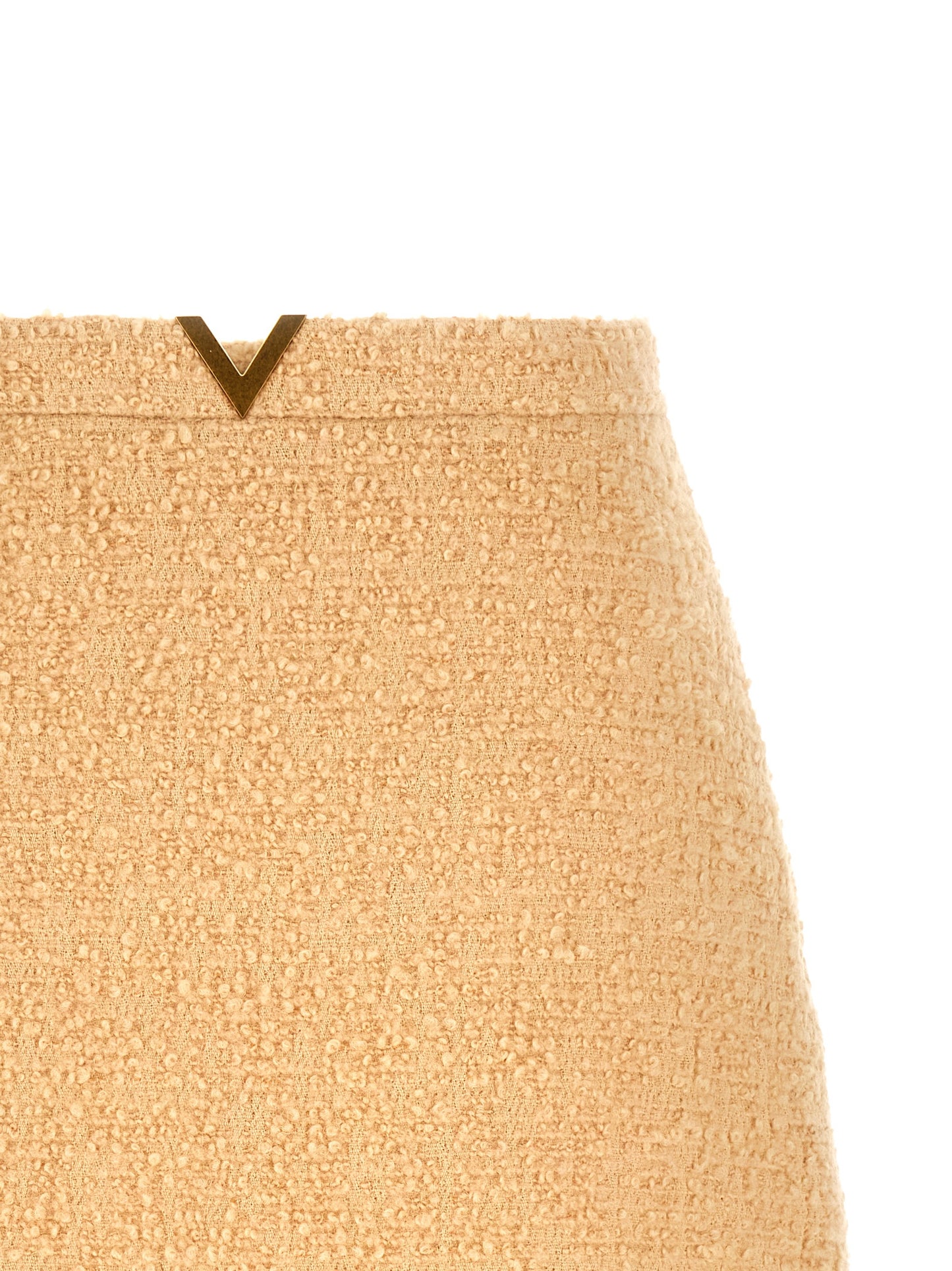 Skirt by Valentino Garavani for women in polyamide silk virgin wool tweed beige, gold & striped features an tailored silhouette, artfully capturing the essence of V Logo Women's Polyamide Silk Virgin Wool Tweed Mini Long Skirt in a sophisticated mini long.