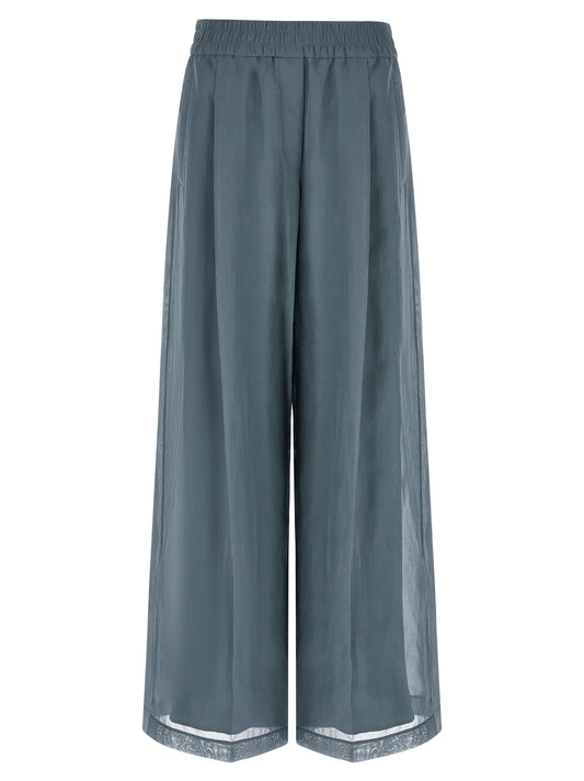 Casual Pants by Brunello Cucinelli for women in cotton blue features an sophisticated high rise and wide with a precise long, creating a sophisticated and sophisticated silhouette.