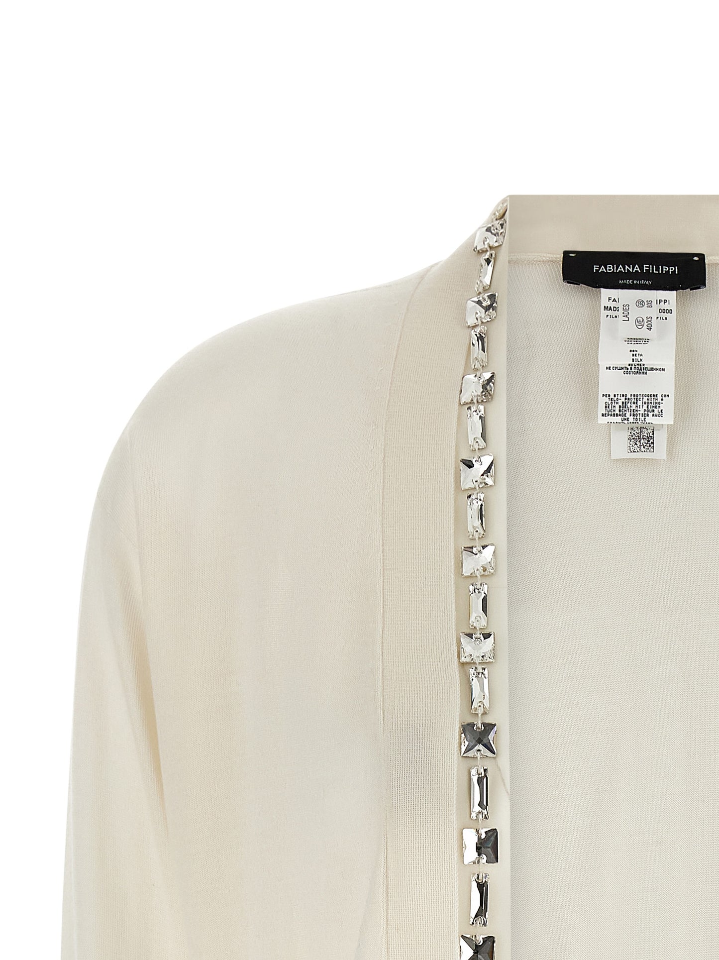 Cardigan by Fabiana Filippi for women in silk cashmere & crystal white showcases a captivating silhouette, artfully detailed with a captivating and for a truly sophisticated captivating look.