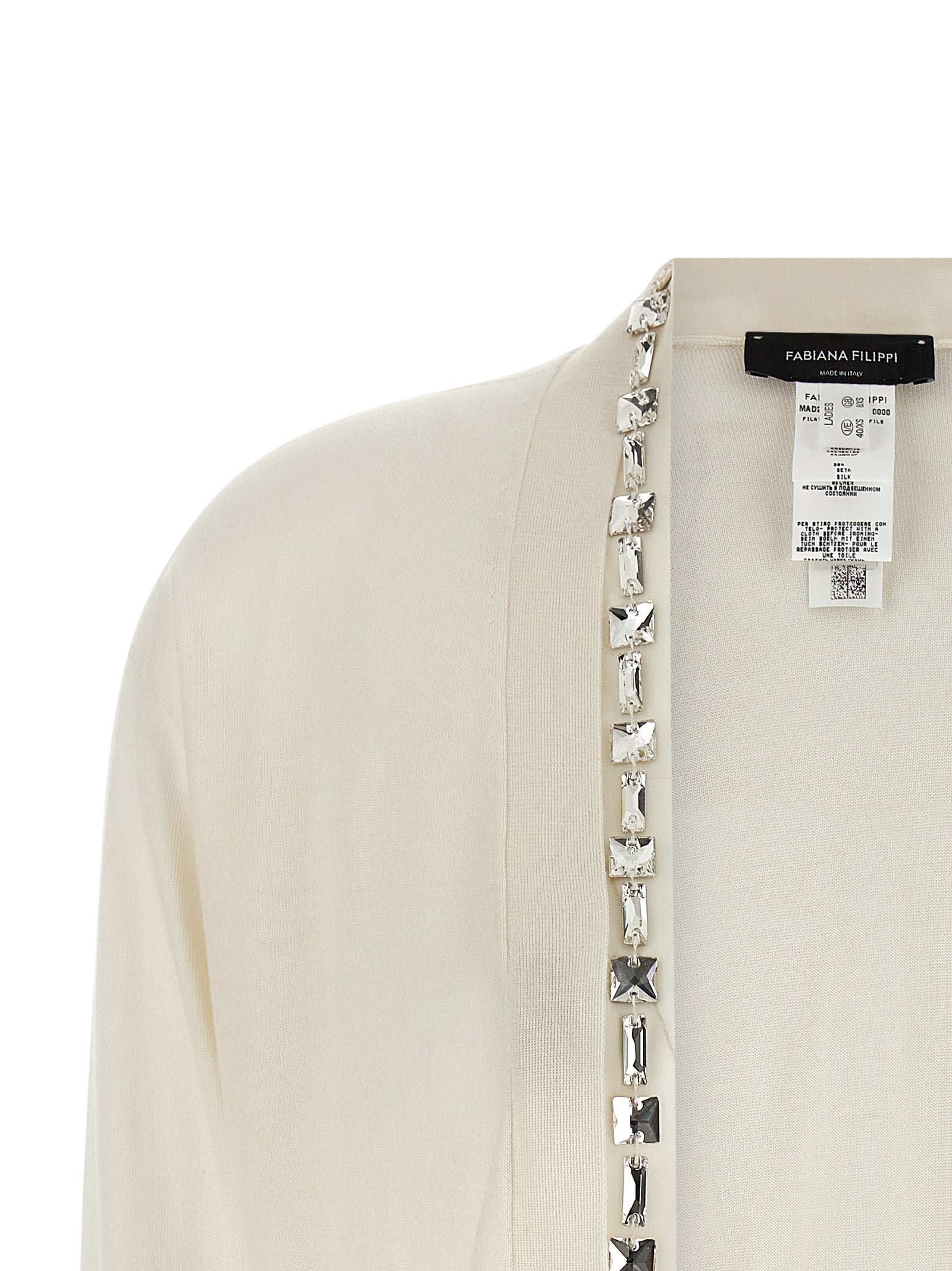 Cardigan by Fabiana Filippi for women in silk cashmere & crystal white showcases a captivating silhouette, artfully detailed with a captivating and for a truly sophisticated captivating look.