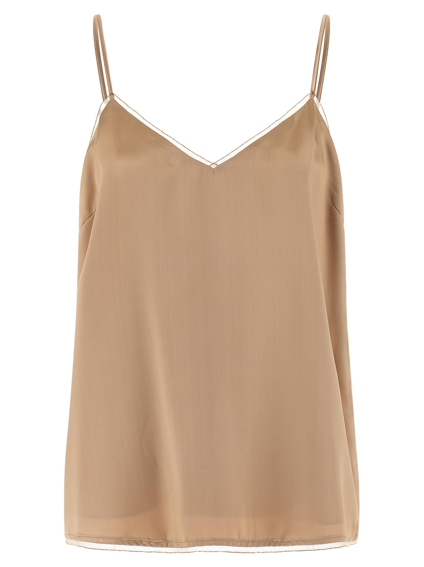 Tank Top by Fabiana Filippi for women in satin viscose beige showcases a perennial silhouette, artfully detailed with a sleeveless design and a perennial sweetheart neckline.