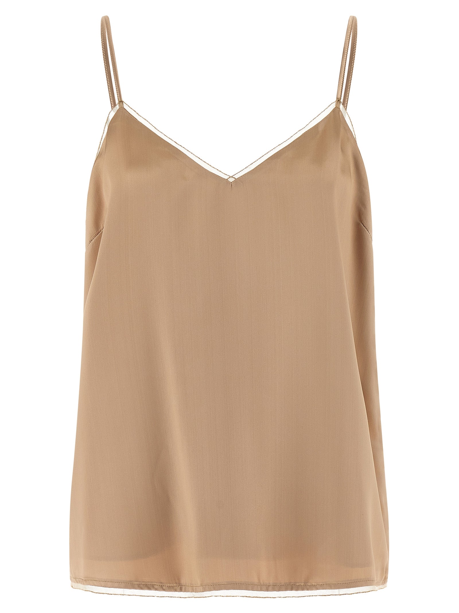 Tank Top by Fabiana Filippi for women in satin viscose beige showcases a perennial silhouette, artfully detailed with a sleeveless design and a perennial sweetheart neckline.
