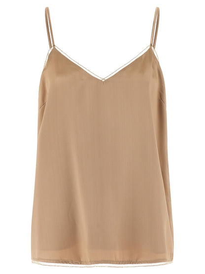 Tank Top by Fabiana Filippi for women in satin viscose beige showcases a perennial silhouette, artfully detailed with a sleeveless design and a perennial sweetheart neckline.
