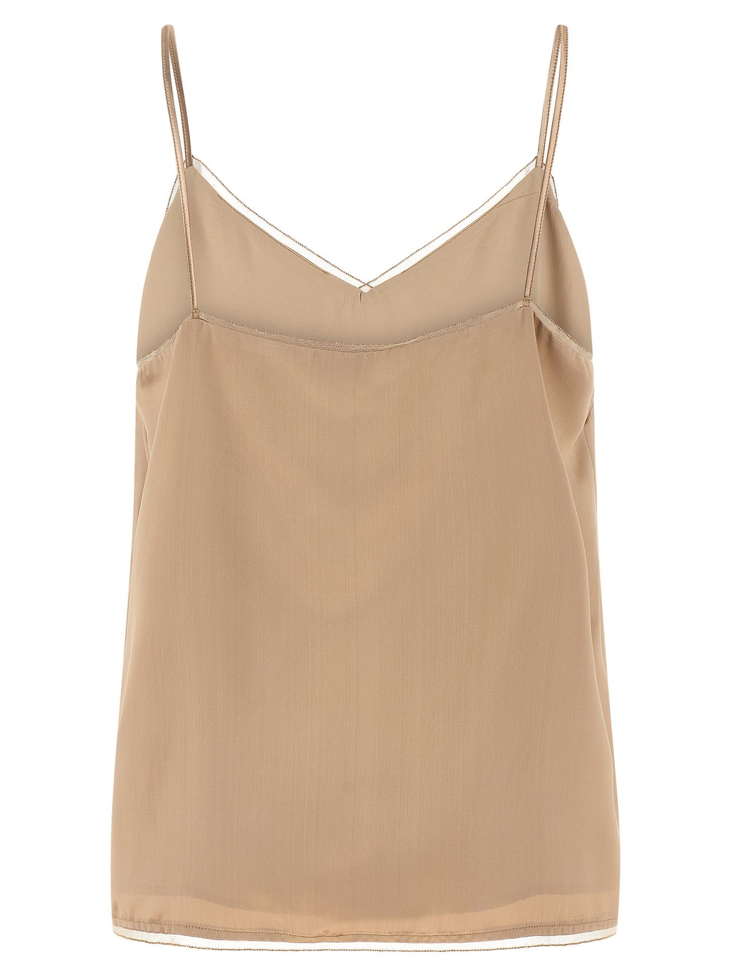 Tank Top by Fabiana Filippi for women in satin viscose beige showcases a streamlined Women's Sweetheart Neck Satin Viscose Tank Top design with a streamlined and sweetheart neckline.