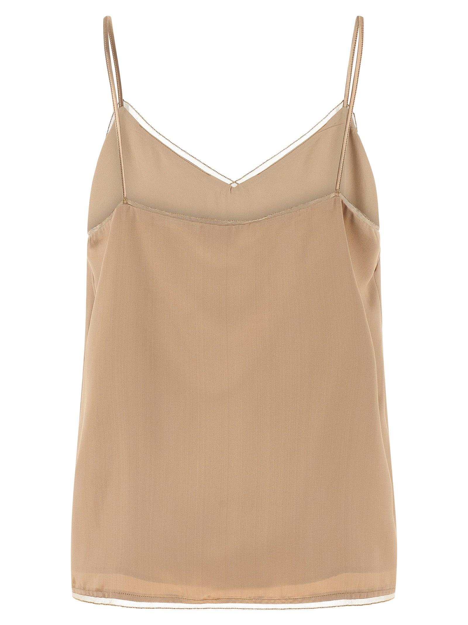 Tank Top by Fabiana Filippi for women in satin viscose beige showcases a streamlined Women's Sweetheart Neck Satin Viscose Tank Top design with a streamlined and sweetheart neckline.
