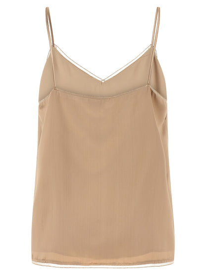 Tank Top by Fabiana Filippi for women in satin viscose beige showcases a streamlined Women's Sweetheart Neck Satin Viscose Tank Top design with a streamlined and sweetheart neckline.