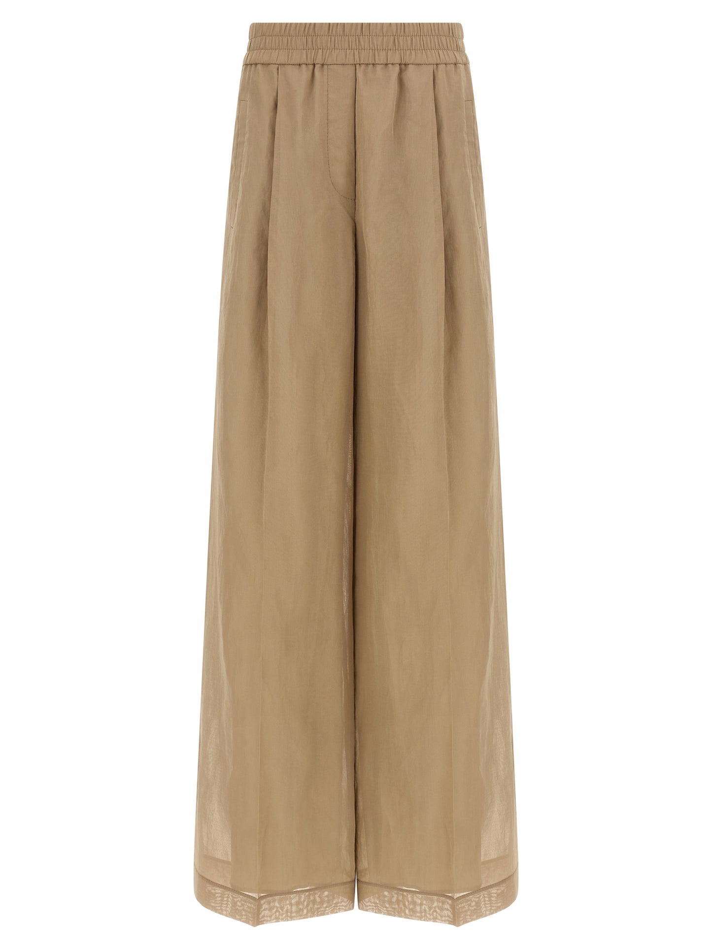 Casual Pants by Brunello Cucinelli for women in cotton & silk beige features an refined tailoring silhouette, showcasing a premium wide with a and long cut for a refined tailoring look.