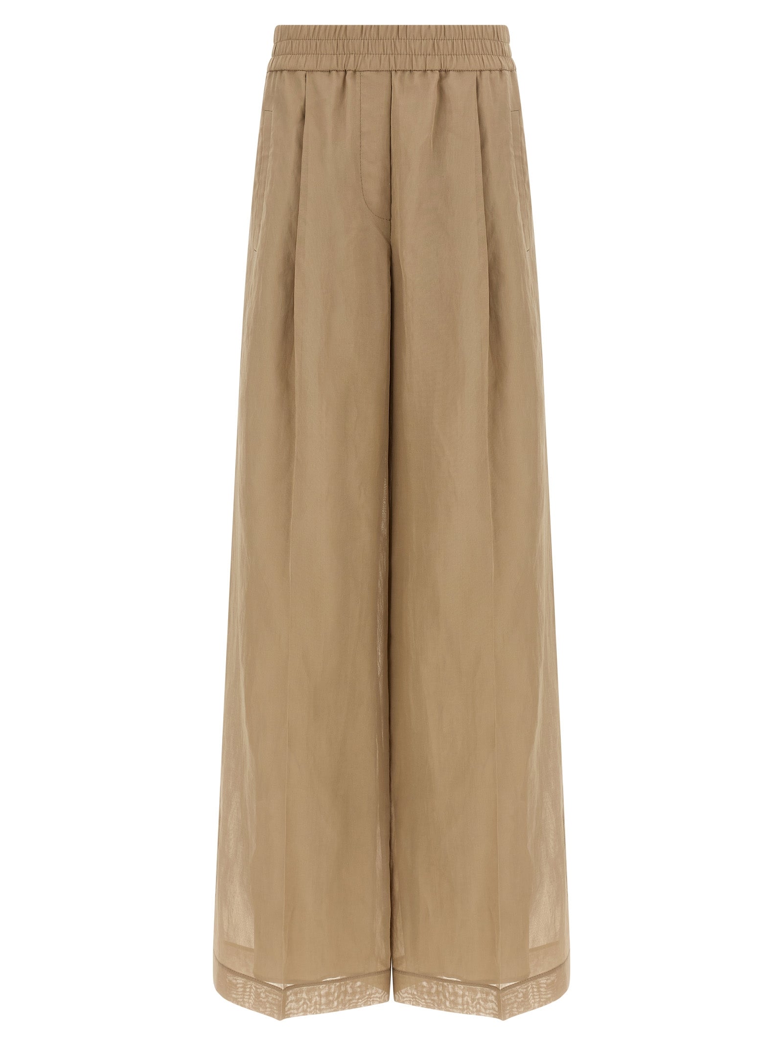 Casual Pants by Brunello Cucinelli for women in cotton & silk beige features an refined tailoring silhouette, showcasing a premium wide with a and long cut for a refined tailoring look.