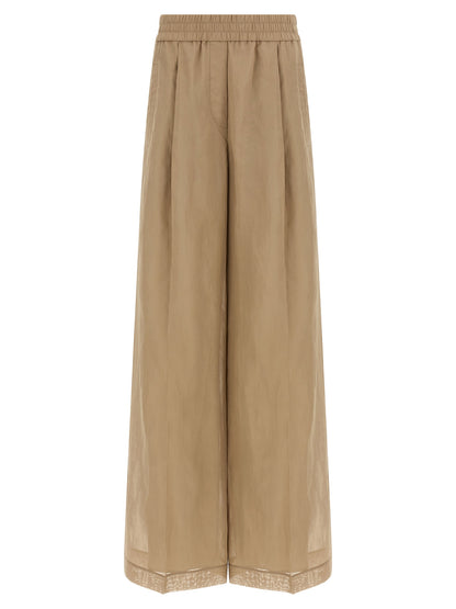 Casual Pants by Brunello Cucinelli for women in cotton & silk beige features an refined tailoring silhouette, showcasing a premium wide with a and long cut for a refined tailoring look.