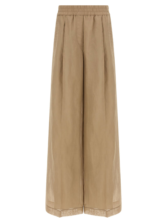 Casual Pants by Brunello Cucinelli for women in cotton & silk beige features an refined tailoring silhouette, showcasing a premium wide with a and long cut for a refined tailoring look.