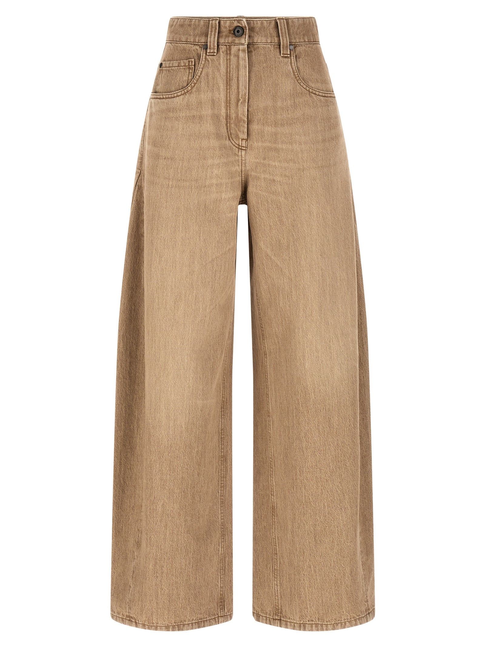 Jeans by Brunello Cucinelli for women in denim cotton beige presents a tailored silhouette, showcasing a tailored wide and long cut with a refined for a truly tailored aesthetic.