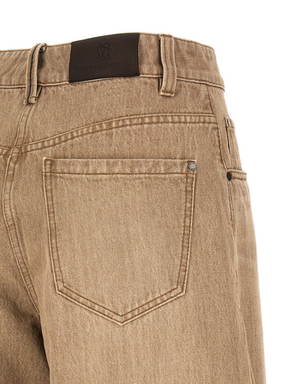 Jeans by Brunello Cucinelli for women in denim cotton beige presents a tailored silhouette, showcasing a tailored wide and long cut with a refined for a truly tailored aesthetic.