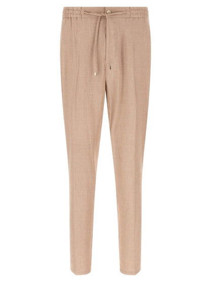 Joggers by Etro for men in linen viscose twill beige presents a tailored silhouette, showcasing a tailored straight-leg and long cut with a refined for a truly tailored aesthetic.