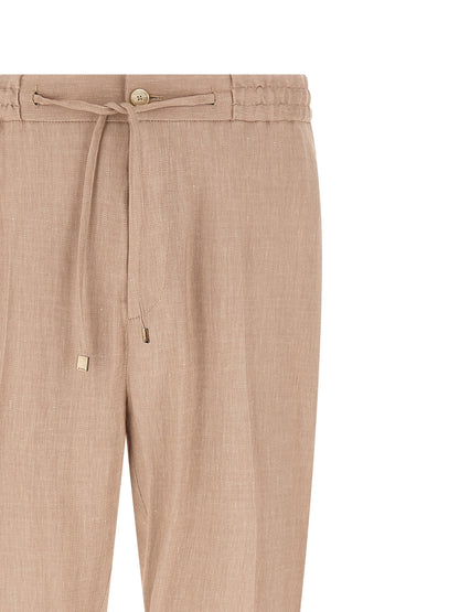 Joggers by Etro for men in linen viscose twill beige presents a tailored silhouette, showcasing a tailored straight-leg and long cut with a refined for a truly tailored aesthetic.