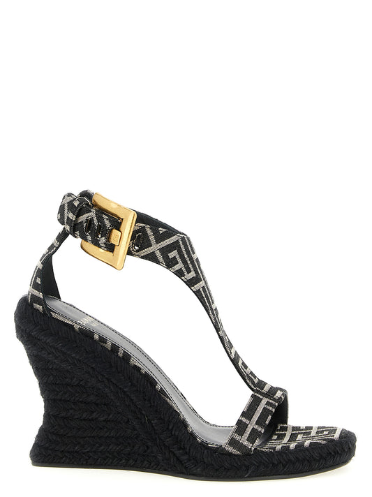Wedge Ankle Strap Sandals by Balmain for women in polyester leather & cotton black, jacquard, signature & monogram showcases a sculptural silhouette as Anthem Women's Polyester Leather & Cotton Wedge Ankle Strap Sandals, defined by a sculptural wedge and sculptural for a sculptural look.