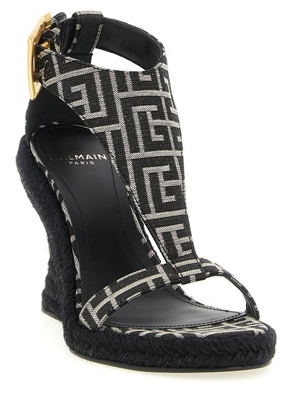 Wedge Ankle Strap Sandals by Balmain for women in polyester leather & cotton black, jacquard, signature & monogram features an statuesque Anthem Women's Polyester Leather & Cotton Wedge Ankle Strap Sandals silhouette with a refined wedge and elegant .