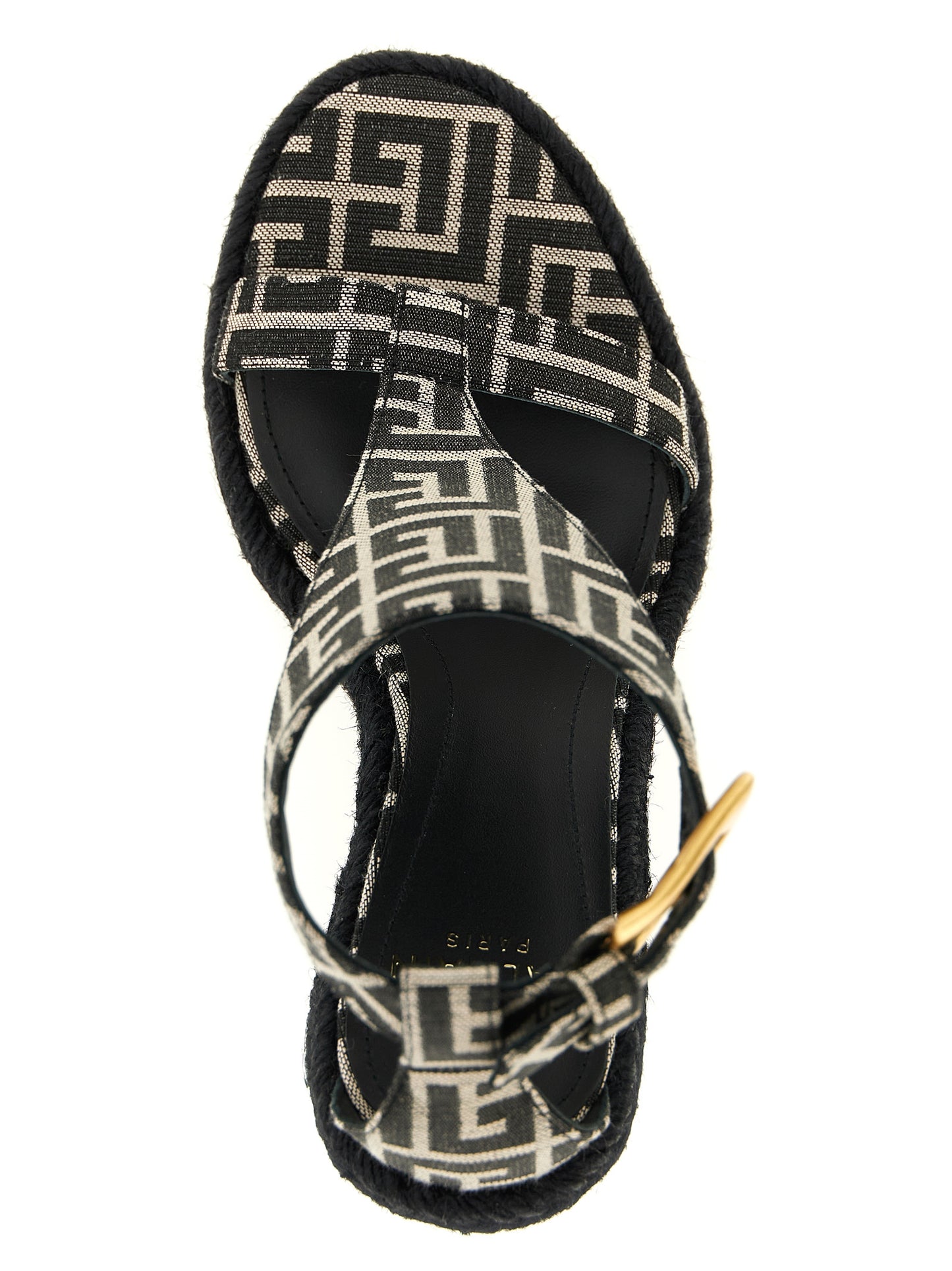 Wedge Ankle Strap Sandals by Balmain for women in polyester leather & cotton and black, jacquard, signature & monogram presents a captivating silhouette, showcasing the signature style of the Anthem Women's Polyester Leather & Cotton Wedge Ankle Strap Sandals with a captivating wedge and captivating .