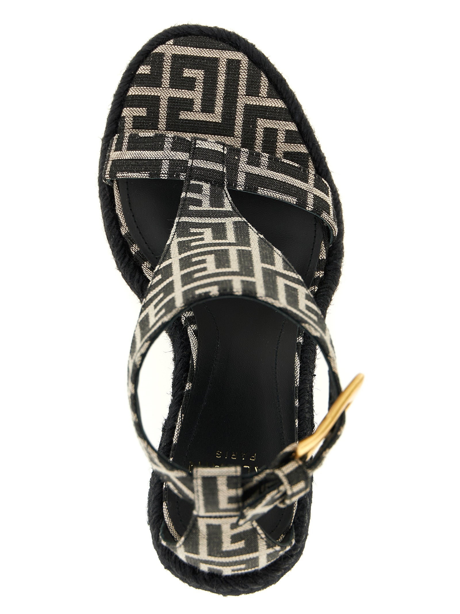 Wedge Ankle Strap Sandals by Balmain for women in polyester leather & cotton and black, jacquard, signature & monogram presents a captivating silhouette, showcasing the signature style of the Anthem Women's Polyester Leather & Cotton Wedge Ankle Strap Sandals with a captivating wedge and captivating .