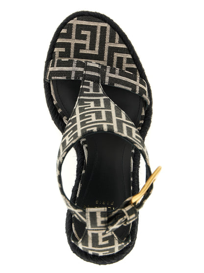 Wedge Ankle Strap Sandals by Balmain for women in polyester leather & cotton and black, jacquard, signature & monogram presents a captivating silhouette, showcasing the signature style of the Anthem Women's Polyester Leather & Cotton Wedge Ankle Strap Sandals with a captivating wedge and captivating .