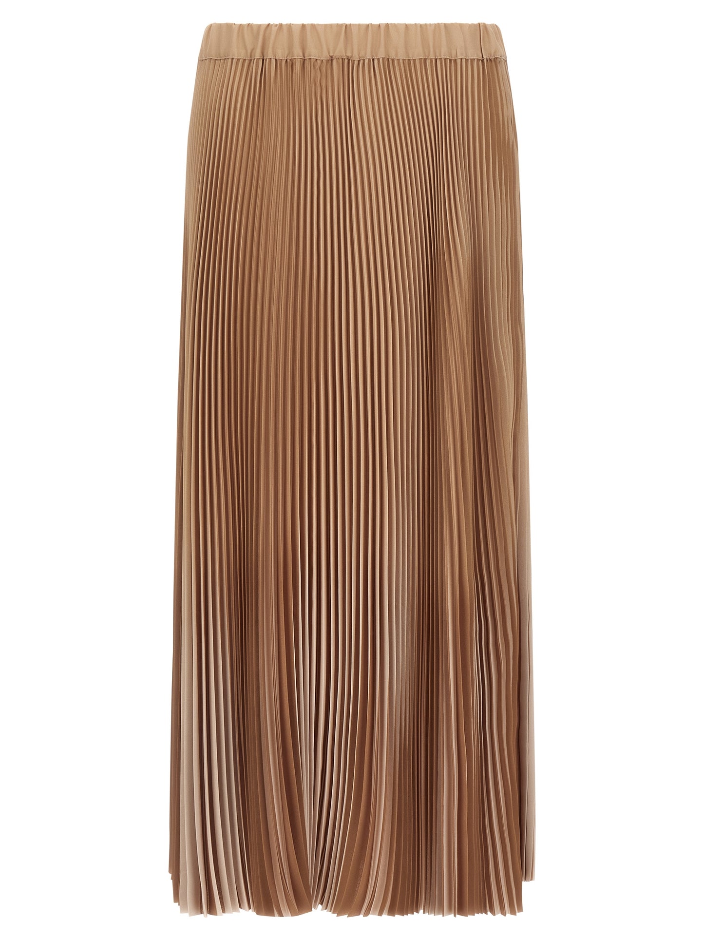 Skirt by Fabiana Filippi for women in polyester beige features an relaxed-yet-refined silhouette that elegantly showcases the Women's Pleated Flared Polyester Midi Skirt design and sophisticated midi.