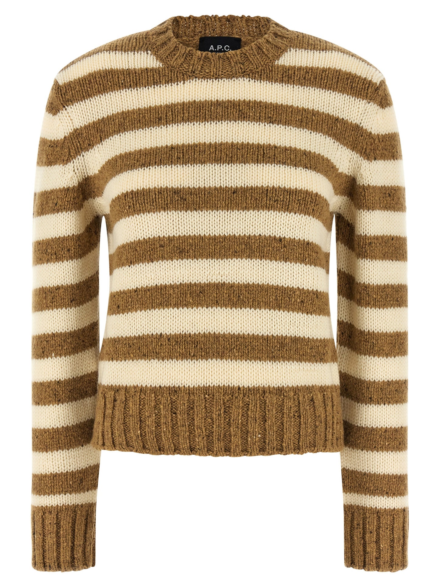 Cardigan by A.P.C. for women in virgin wool brown & striped presents a textural silhouette, artfully finished with a textural crew neckline and for a sophisticated, textural look.