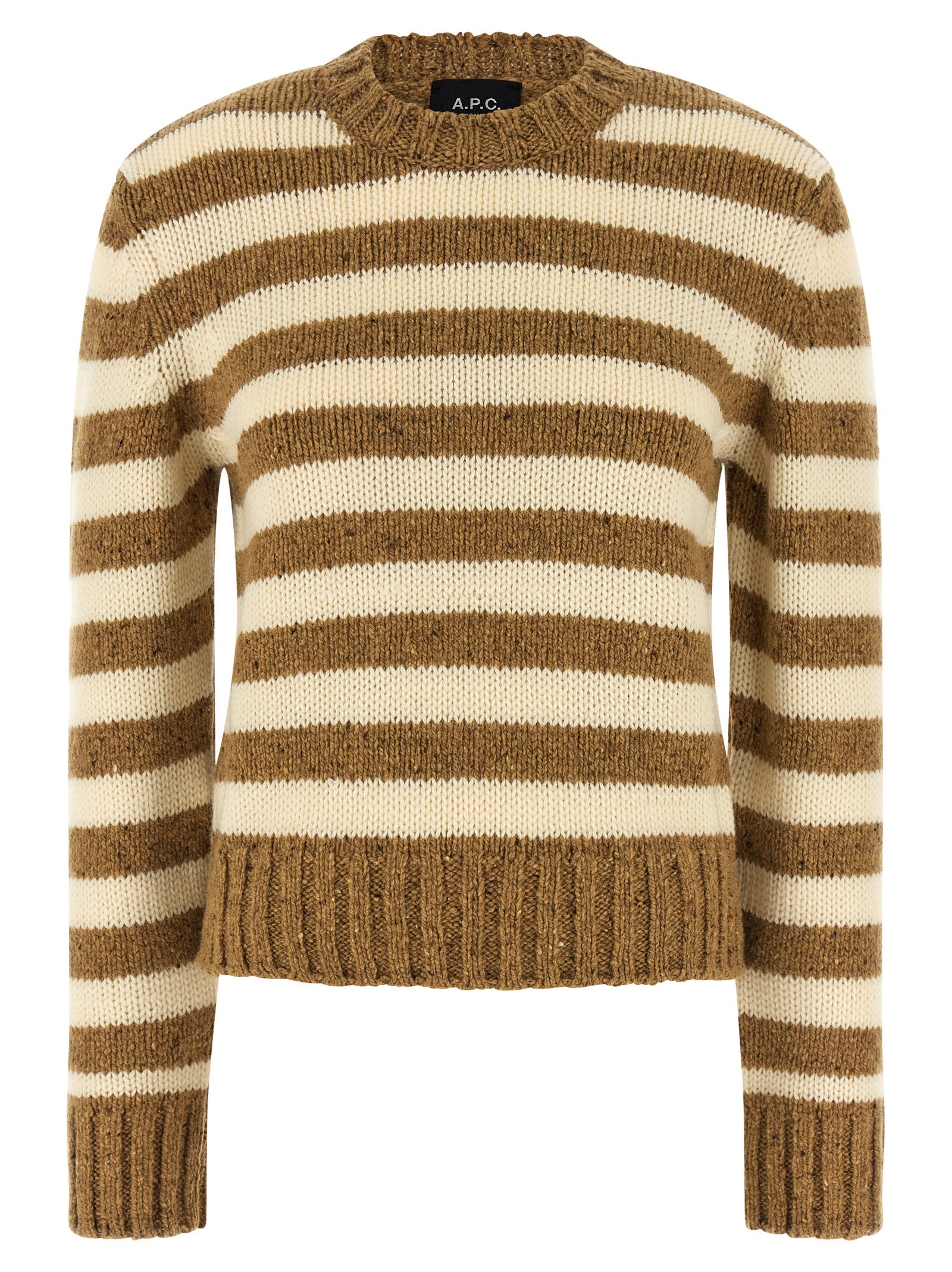 Cardigan by A.P.C. for women in virgin wool brown & striped presents a textural silhouette, artfully finished with a textural crew neckline and for a sophisticated, textural look.