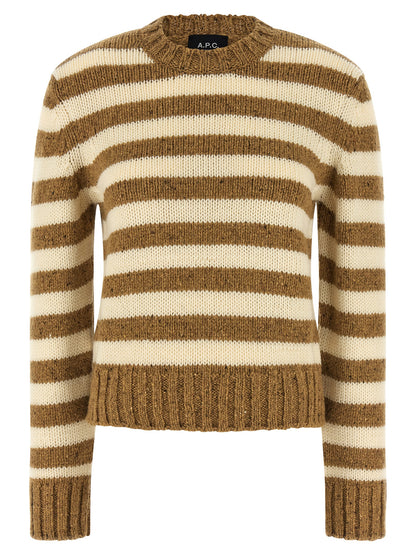 Cardigan by A.P.C. for women in virgin wool brown & striped presents a textural silhouette, artfully finished with a textural crew neckline and for a sophisticated, textural look.