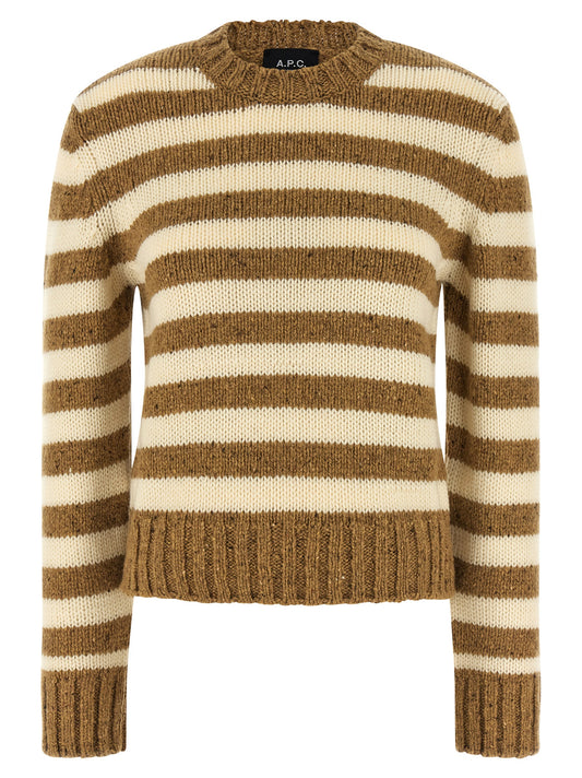 Cardigan by A.P.C. for women in virgin wool brown & striped presents a textural silhouette, artfully finished with a textural crew neckline and for a sophisticated, textural look.