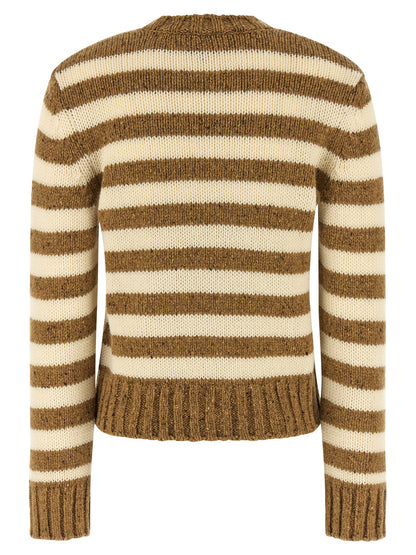 Cardigan by A.P.C. for women in virgin wool brown & striped showcases a captivating silhouette, artfully detailed with a captivating and crew neckline for a truly sophisticated captivating look.