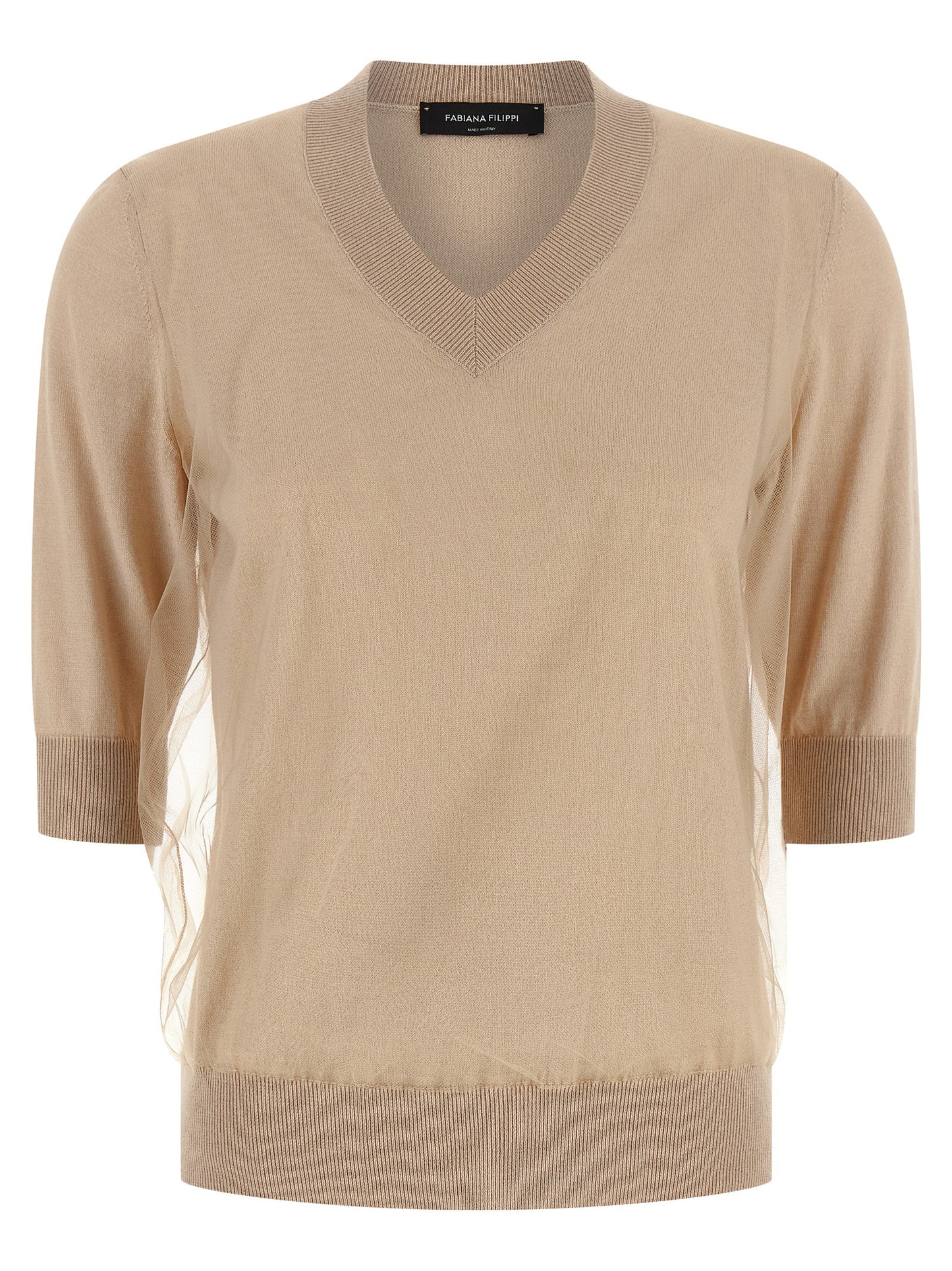 Cardigan by Fabiana Filippi for women in virgin wool & cotton beige features an impeccable silhouette, showcasing a sophisticated v-neck neckline and detail for a truly impeccable finish.