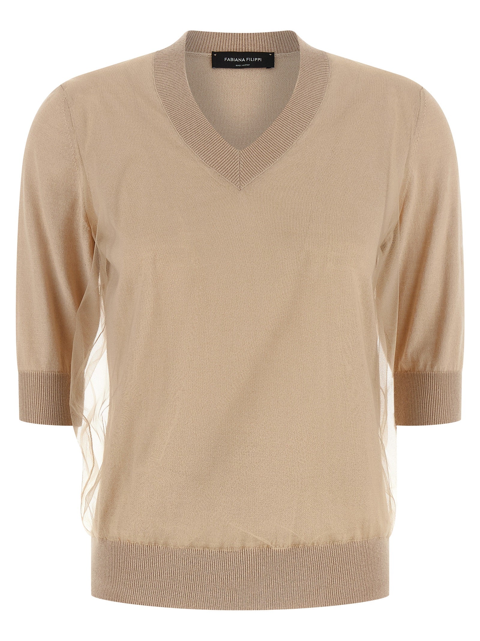 Cardigan by Fabiana Filippi for women in virgin wool & cotton beige features an impeccable silhouette, showcasing a sophisticated v-neck neckline and detail for a truly impeccable finish.