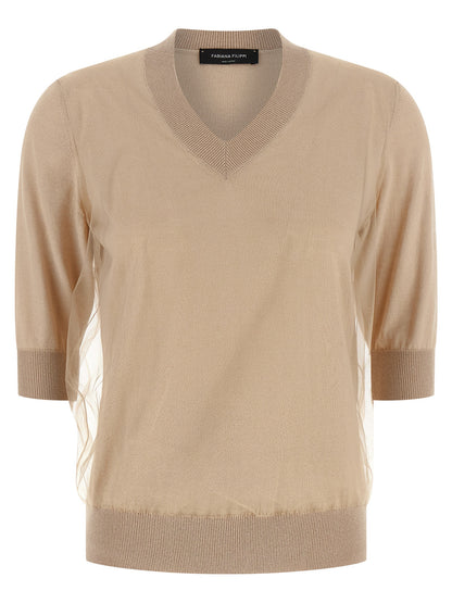 Cardigan by Fabiana Filippi for women in virgin wool & cotton beige features an impeccable silhouette, showcasing a sophisticated v-neck neckline and detail for a truly impeccable finish.
