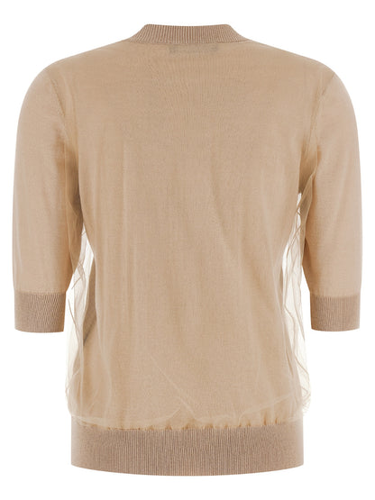 Cardigan by Fabiana Filippi for women in virgin wool & cotton beige showcases a luxurious silhouette, meticulously detailed with a sophisticated v-neck neckline and for a refined finish.