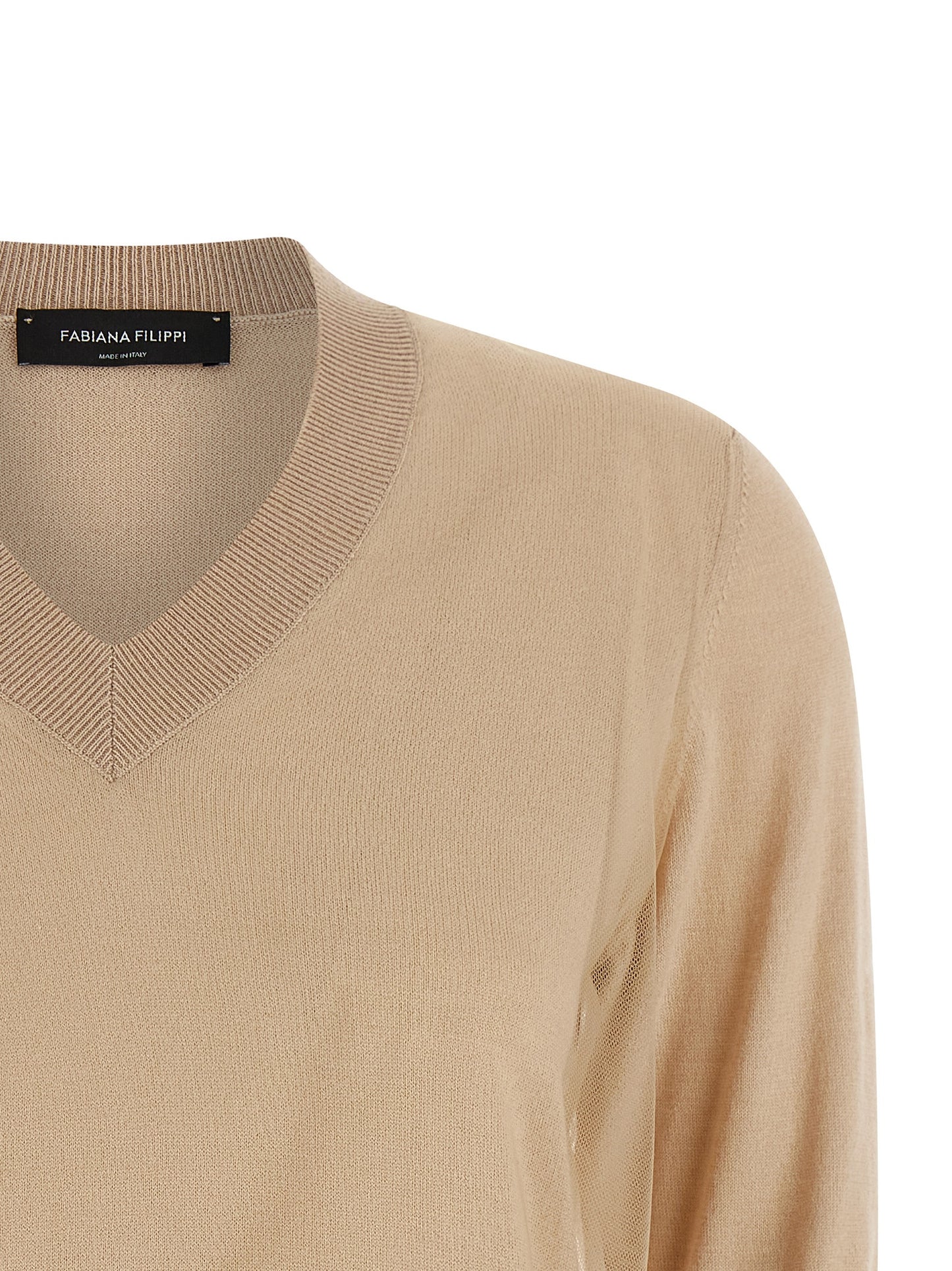 Cardigan by Fabiana Filippi for women in virgin wool & cotton beige features a nuanced silhouette with a refined v-neck neckline and nuanced detailing for a sophisticated look.