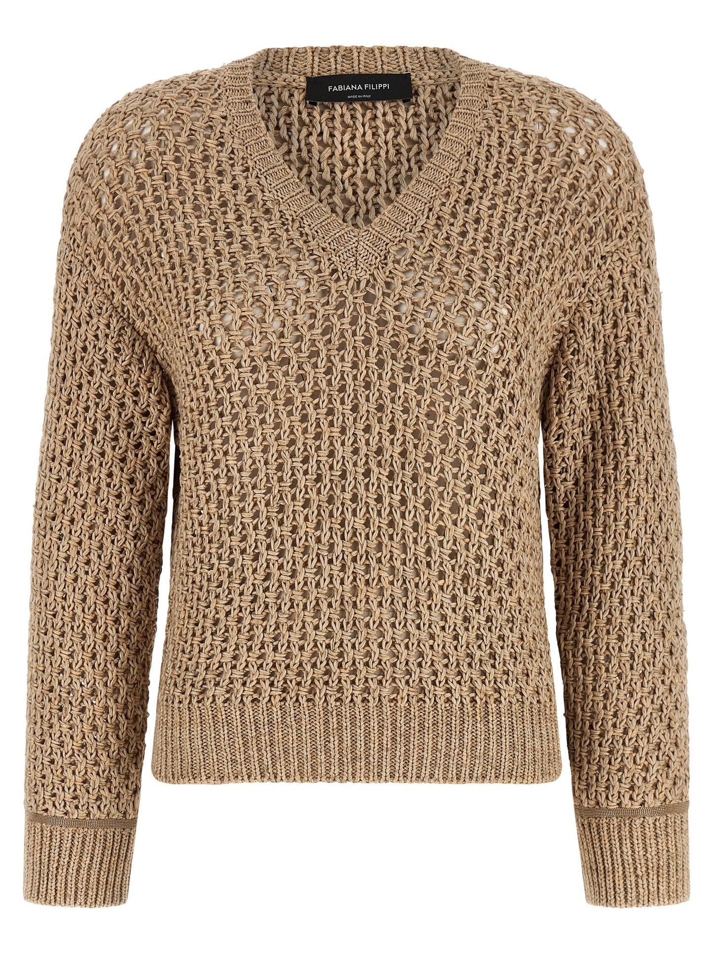 Cardigan by Fabiana Filippi for women in wool cotton & viscose brown features a dramatic silhouette, showcasing a sophisticated v-neck neckline and dramatic long-sleeve detail for a timeless, premium look.