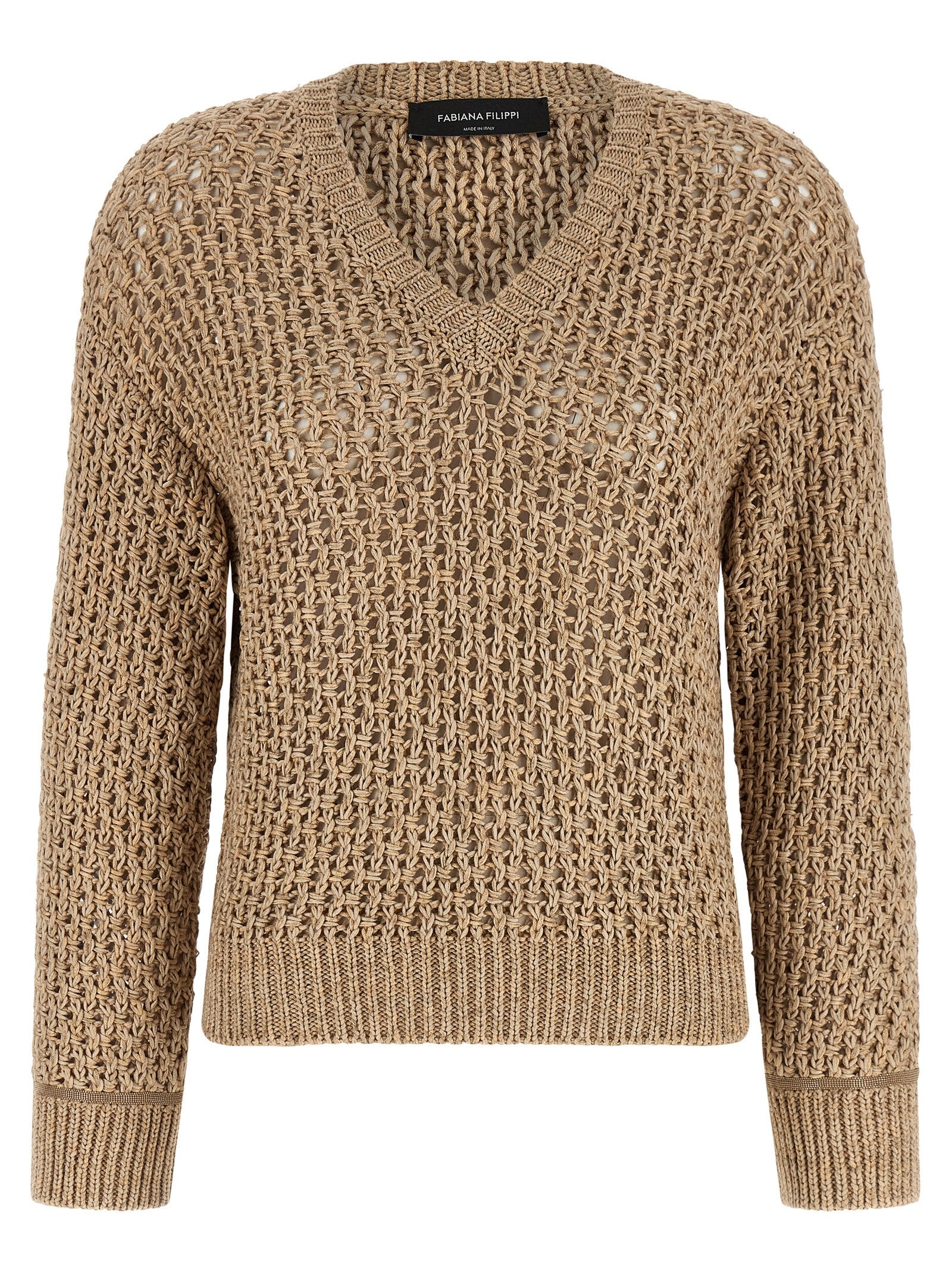 Cardigan by Fabiana Filippi for women in wool cotton & viscose brown features a dramatic silhouette, showcasing a sophisticated v-neck neckline and dramatic long-sleeve detail for a timeless, premium look.