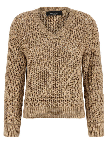 Cardigan by Fabiana Filippi for women in wool cotton & viscose brown features a dramatic silhouette, showcasing a sophisticated v-neck neckline and dramatic long-sleeve detail for a timeless, premium look.