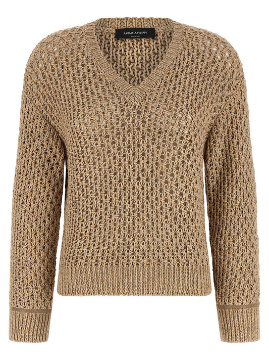 Cardigan by Fabiana Filippi for women in wool cotton & viscose brown features a dramatic silhouette, showcasing a sophisticated v-neck neckline and dramatic long-sleeve detail for a timeless, premium look.
