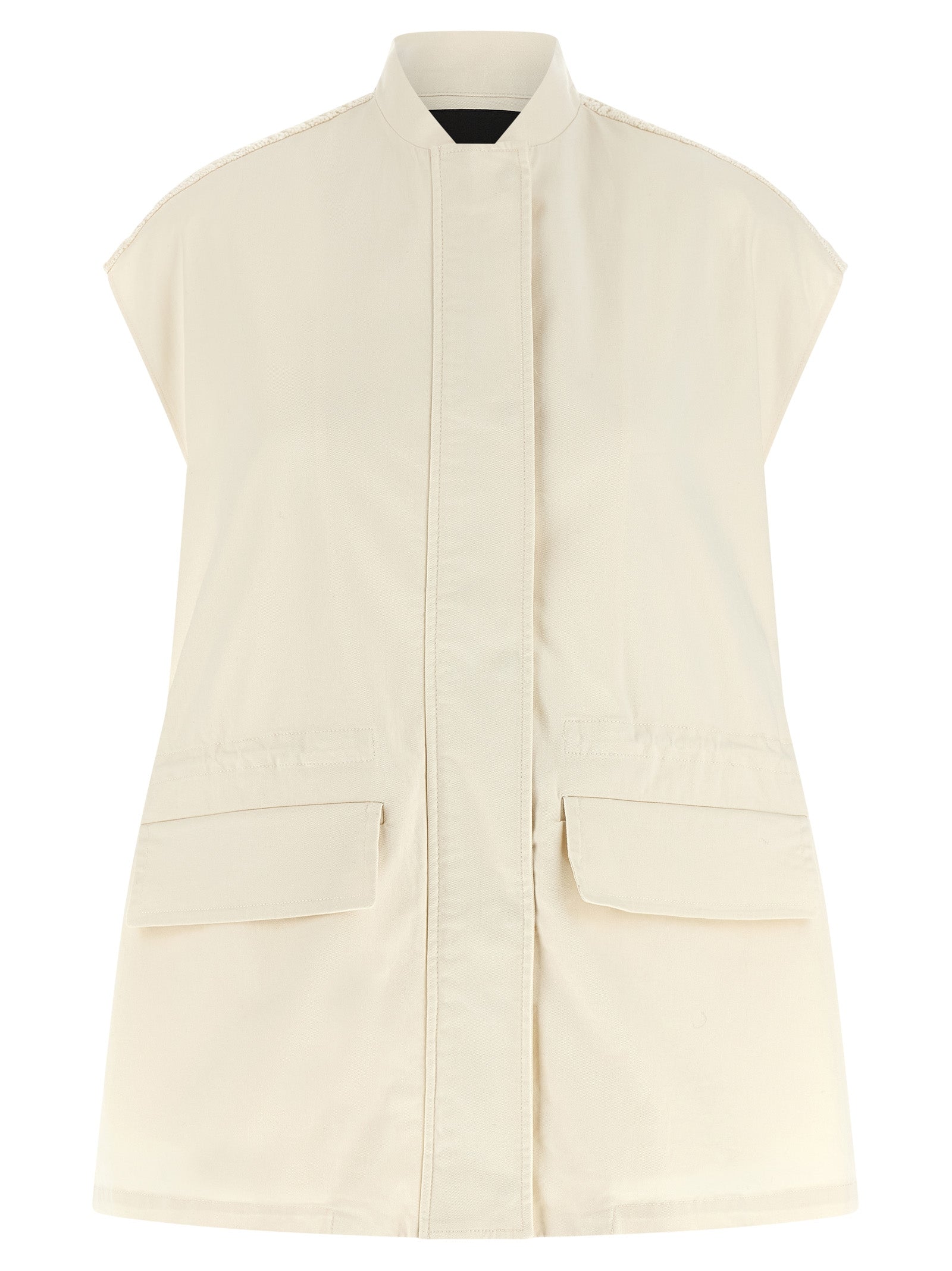 Vest by Fabiana Filippi for women in stretch cotton beige showcases a dynamic silhouette, perfectly balancing with a dynamic high-neck neckline for a sophisticated, high-fashion look.