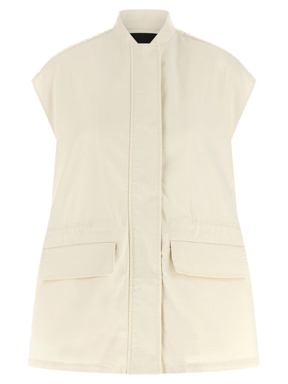 Vest by Fabiana Filippi for women in stretch cotton beige showcases a dynamic silhouette, perfectly balancing with a dynamic high-neck neckline for a sophisticated, high-fashion look.