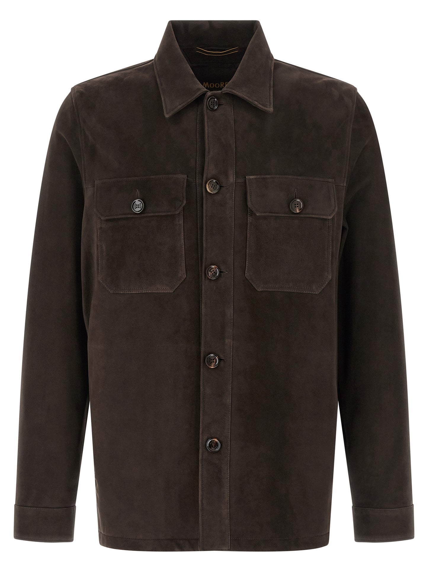 Jacket by MooRER for men in suede lamb leather brown features an utilitarian silhouette with a refined , showcasing sophisticated pockets for an utilitarian aesthetic.