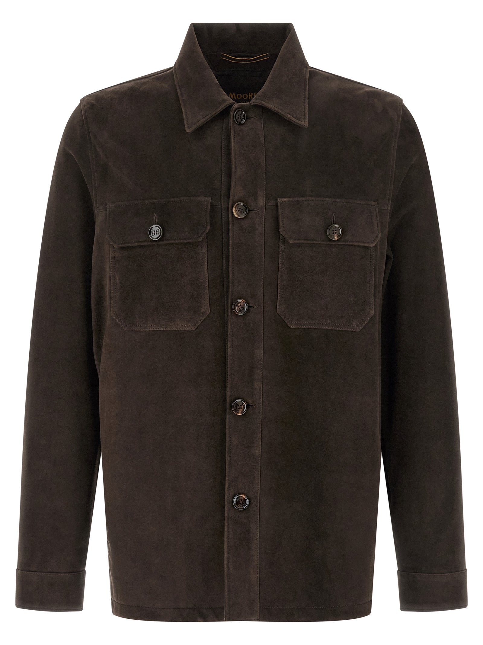 Jacket by MooRER for men in suede lamb leather brown features an utilitarian silhouette with a refined , showcasing sophisticated pockets for an utilitarian aesthetic.