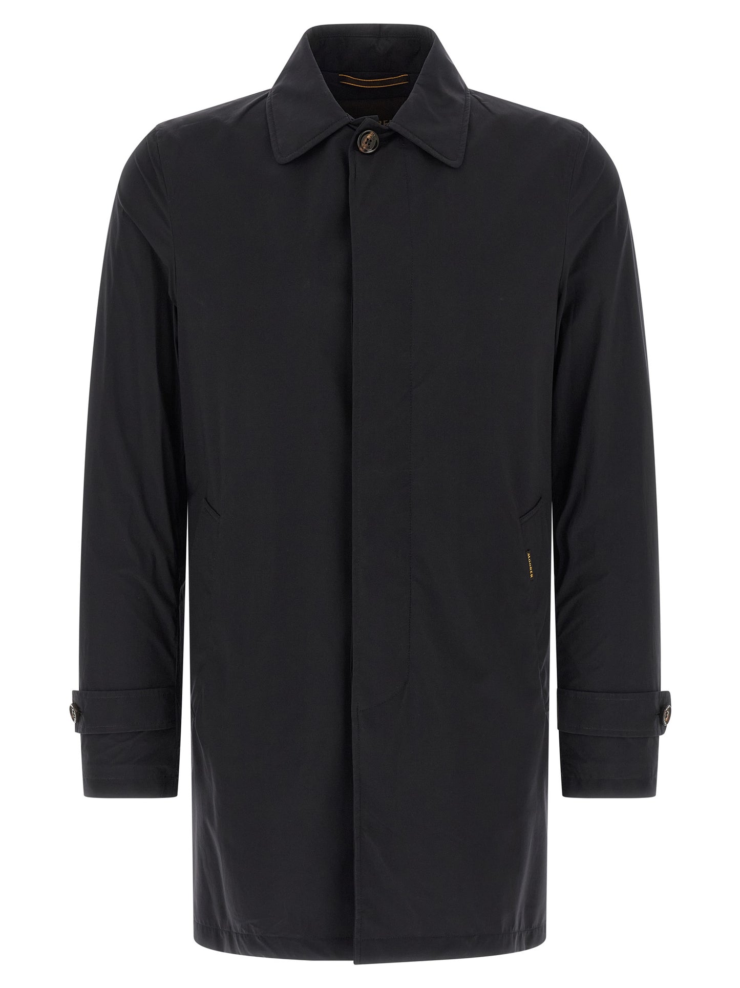 Trench Coat by MooRER for men in stretch polyamide blue presents a utilitarian silhouette, showcasing a utilitarian split shirt-collar neckline and sophisticated pockets for a truly utilitarian look.