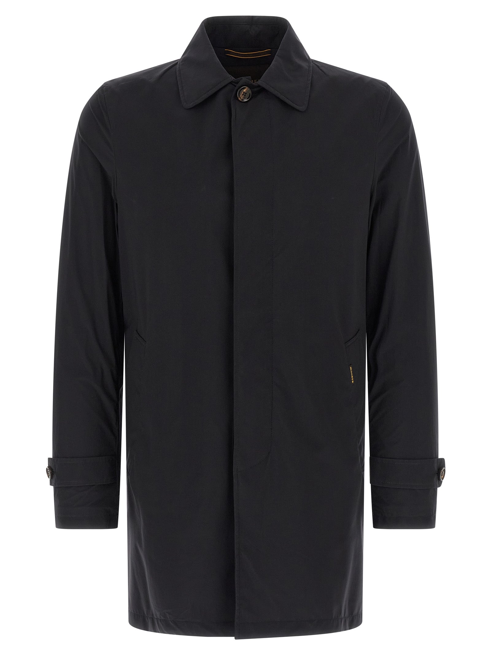 Trench Coat by MooRER for men in stretch polyamide blue presents a utilitarian silhouette, showcasing a utilitarian split shirt-collar neckline and sophisticated pockets for a truly utilitarian look.