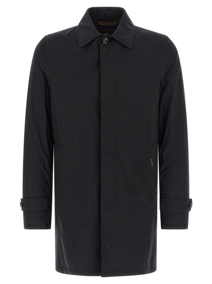 Trench Coat by MooRER for men in stretch polyamide blue presents a utilitarian silhouette, showcasing a utilitarian split shirt-collar neckline and sophisticated pockets for a truly utilitarian look.