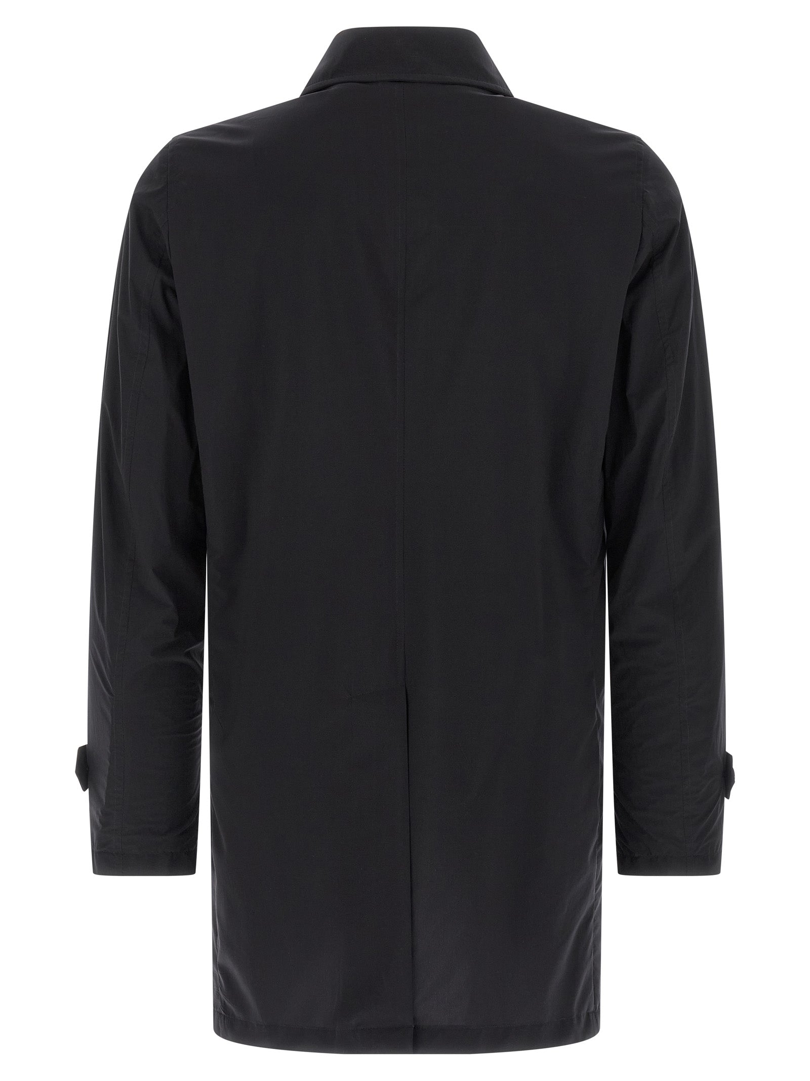 Trench Coat by MooRER for men in stretch polyamide blue presents a distinguished silhouette, artfully detailed with pockets and a distinguished split shirt-collar neckline for a sophisticated, distinguished finish.