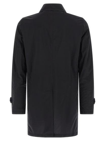 Trench Coat by MooRER for men in stretch polyamide blue presents a distinguished silhouette, artfully detailed with pockets and a distinguished split shirt-collar neckline for a sophisticated, distinguished finish.